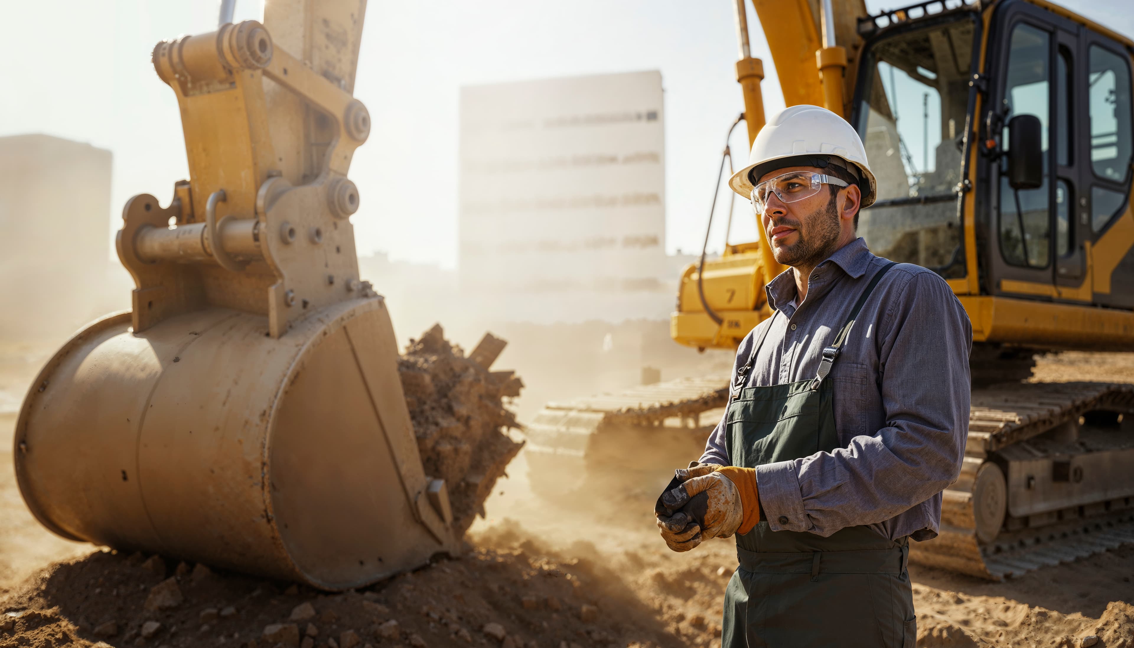 A site engineer in a hard hat and safety glasses standing beside an excavator on a dusty construction site.