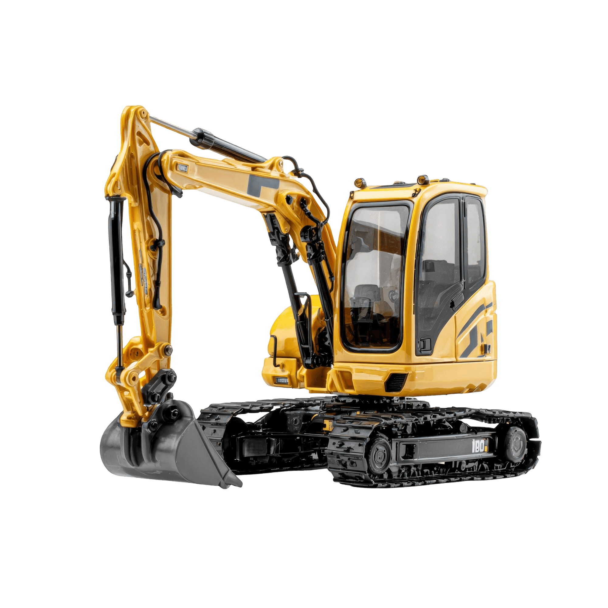 A yellow tracked mini excavator with its bucket lowered to the ground.